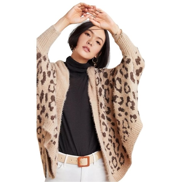 Anthropologie Louise Leopard Wrap Fuzzy Cozy Comfy Cardigan Sweater OS - Picture 1 of 8